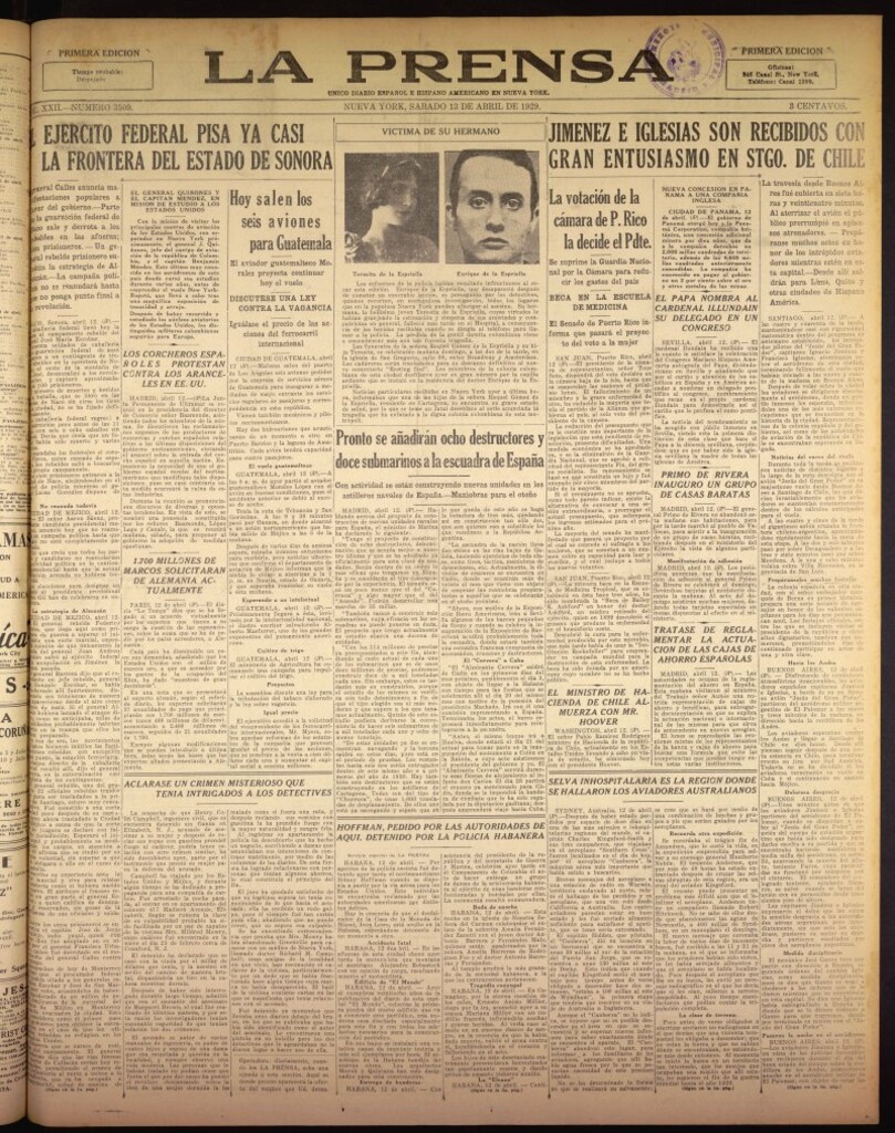 Miniatura de La Prensa: único diario español e hispano americano en Nueva York del 13 de abril de 1929, nº 3509