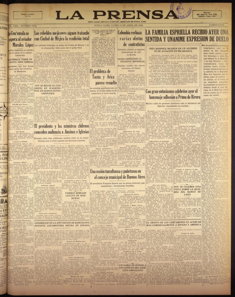 Miniatura de La Prensa: único diario español e hispano americano en Nueva York del 15 de abril de 1929, nº 3510