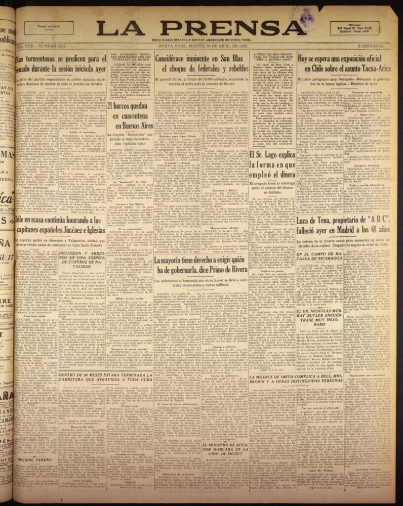 Miniatura de La Prensa: único diario español e hispano americano en Nueva York del 16 de abril de 1929, nº 3511