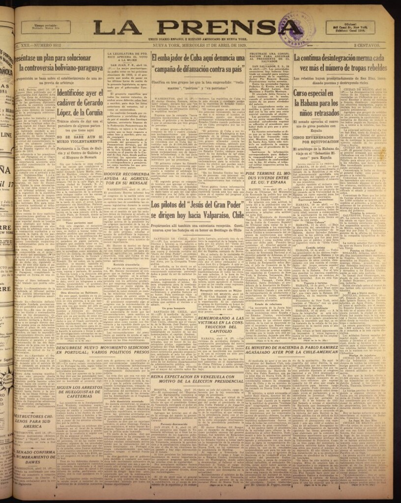 Miniatura de La Prensa: único diario español e hispano americano en Nueva York del 17 de abril de 1929, nº 3512