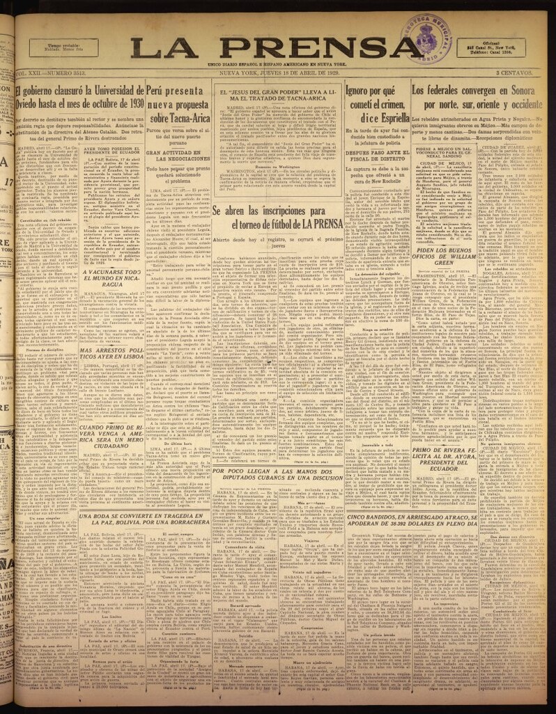 Miniatura de La Prensa: único diario español e hispano americano en Nueva York del 18 de abril de 1929, nº 3513