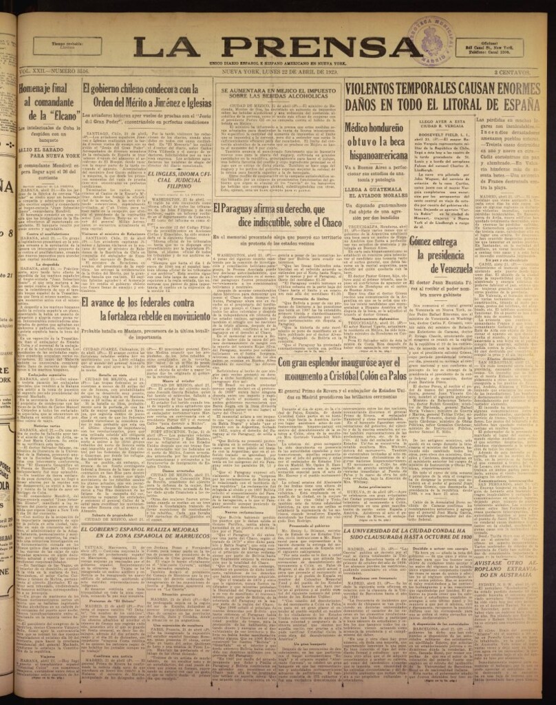 Miniatura de La Prensa: único diario español e hispano americano en Nueva York del 22 de abril de 1929, nº 3516