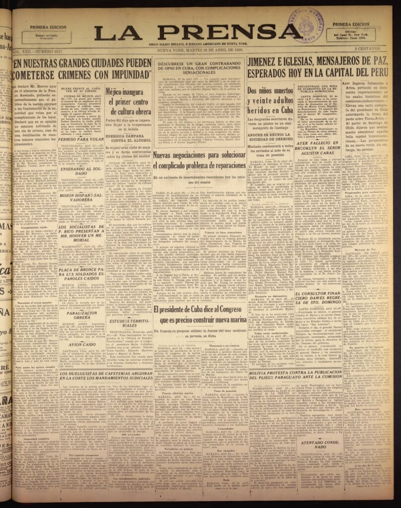 Miniatura de La Prensa: único diario español e hispano americano en Nueva York del 23 de abril de 1929, nº 3517