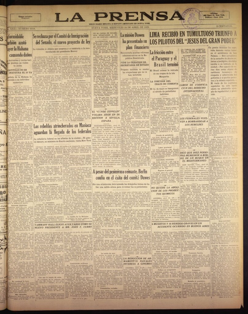 Miniatura de La Prensa: único diario español e hispano americano en Nueva York del 24 de abril de 1929, nº 3518