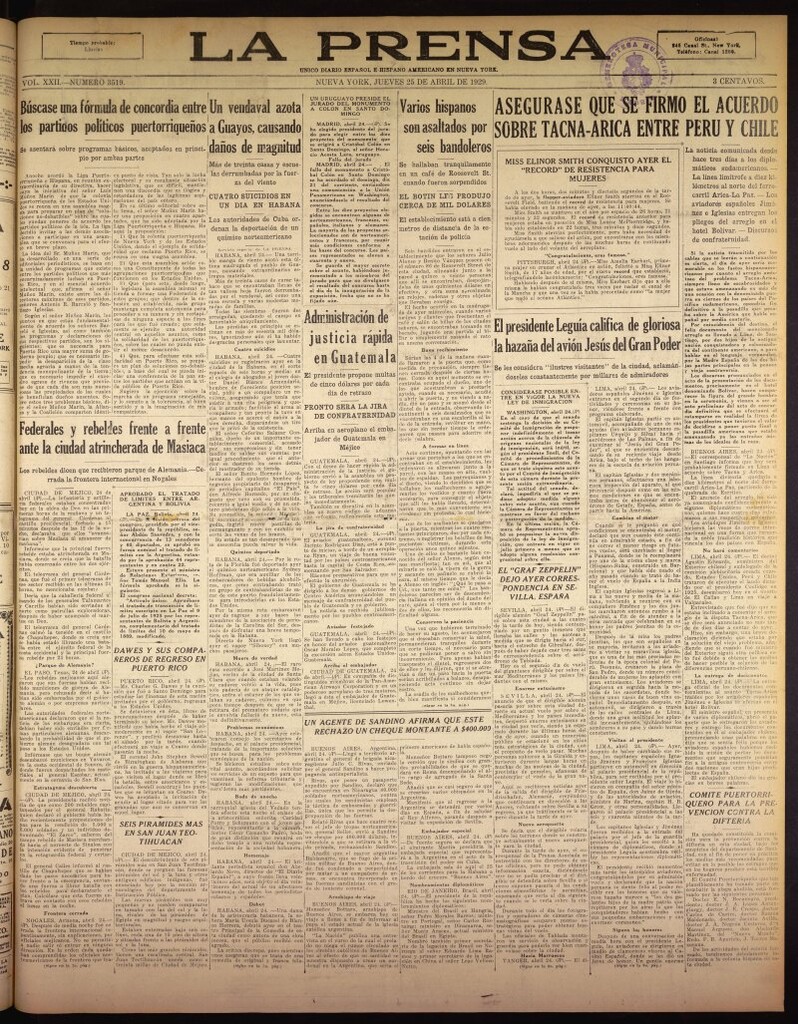 Miniatura de La Prensa: único diario español e hispano americano en Nueva York del 25 de abril de 1929, nº 3519