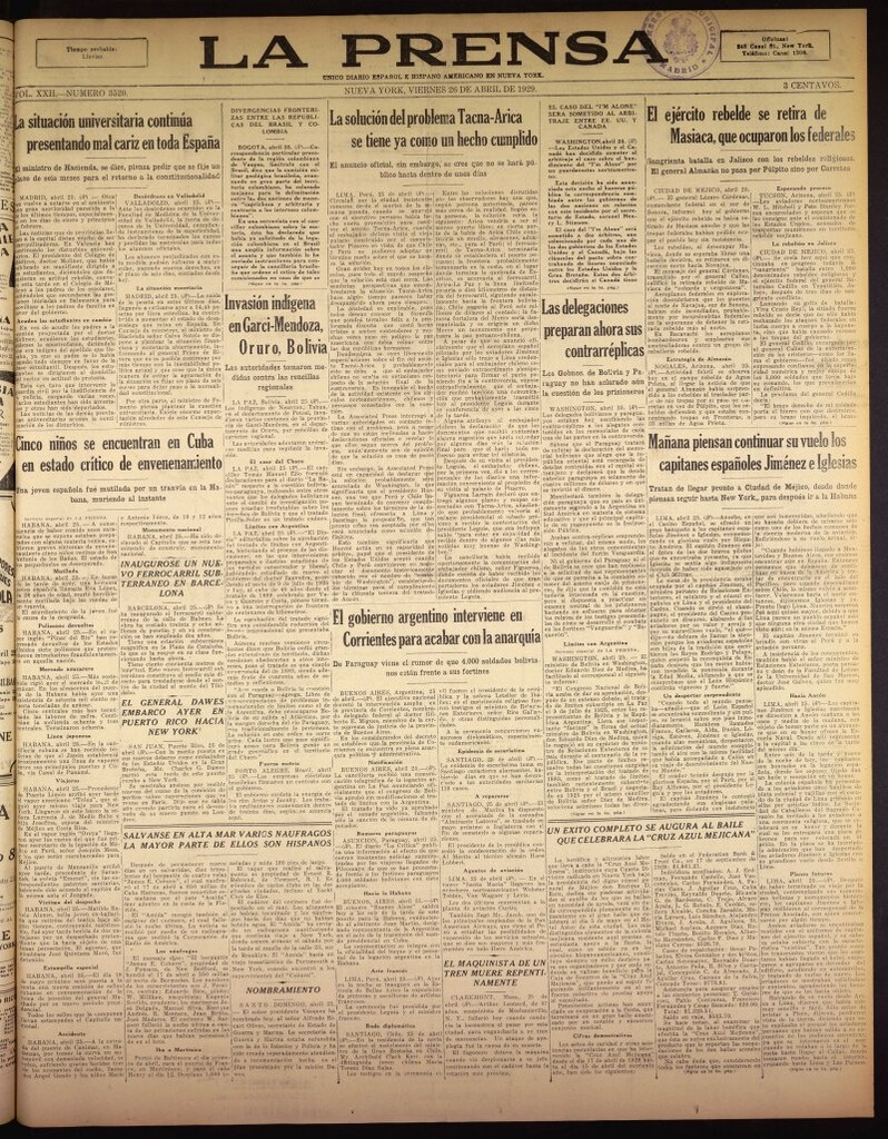 Miniatura de La Prensa: único diario español e hispano americano en Nueva York del 26 de abril de 1929, nº 3520