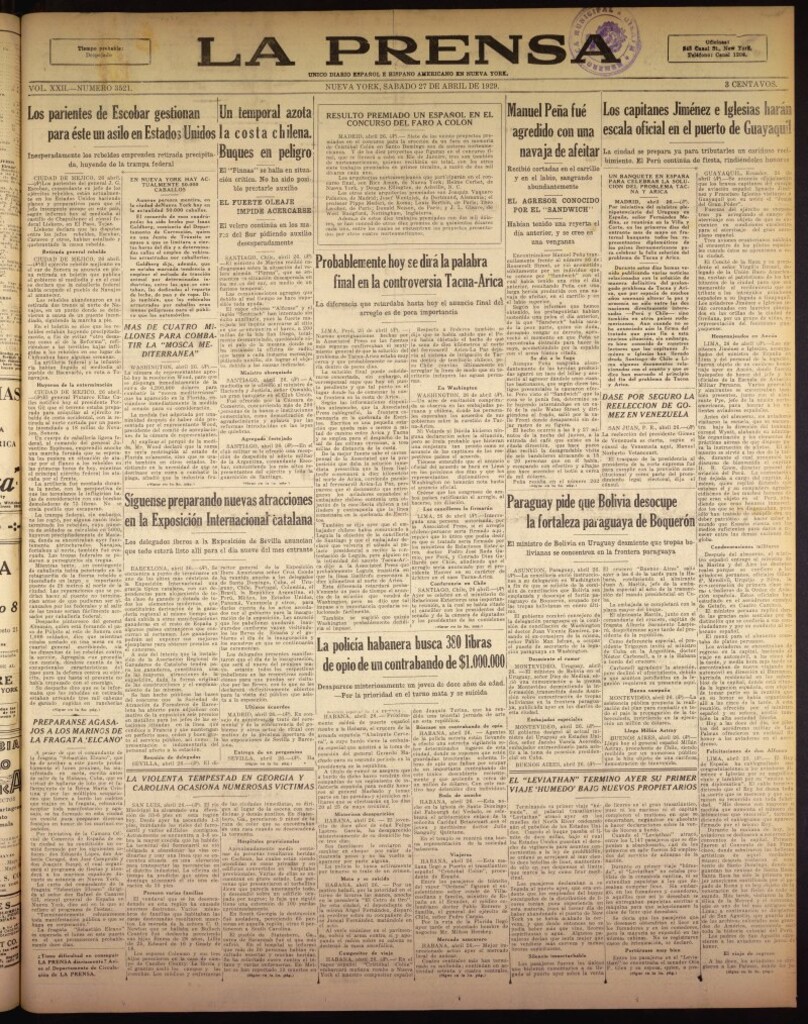 Miniatura de La Prensa: único diario español e hispano americano en Nueva York del 27 de abril de 1929, nº 3521