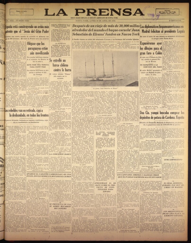 Miniatura de La Prensa: único diario español e hispano americano en Nueva York del 29 de abril de 1929, nº 3522