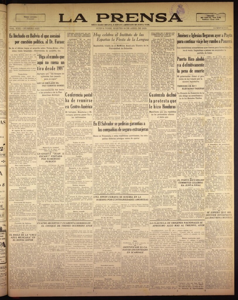 Miniatura de La Prensa: único diario español e hispano americano en Nueva York del 30 de abril de 1929, nº 3523