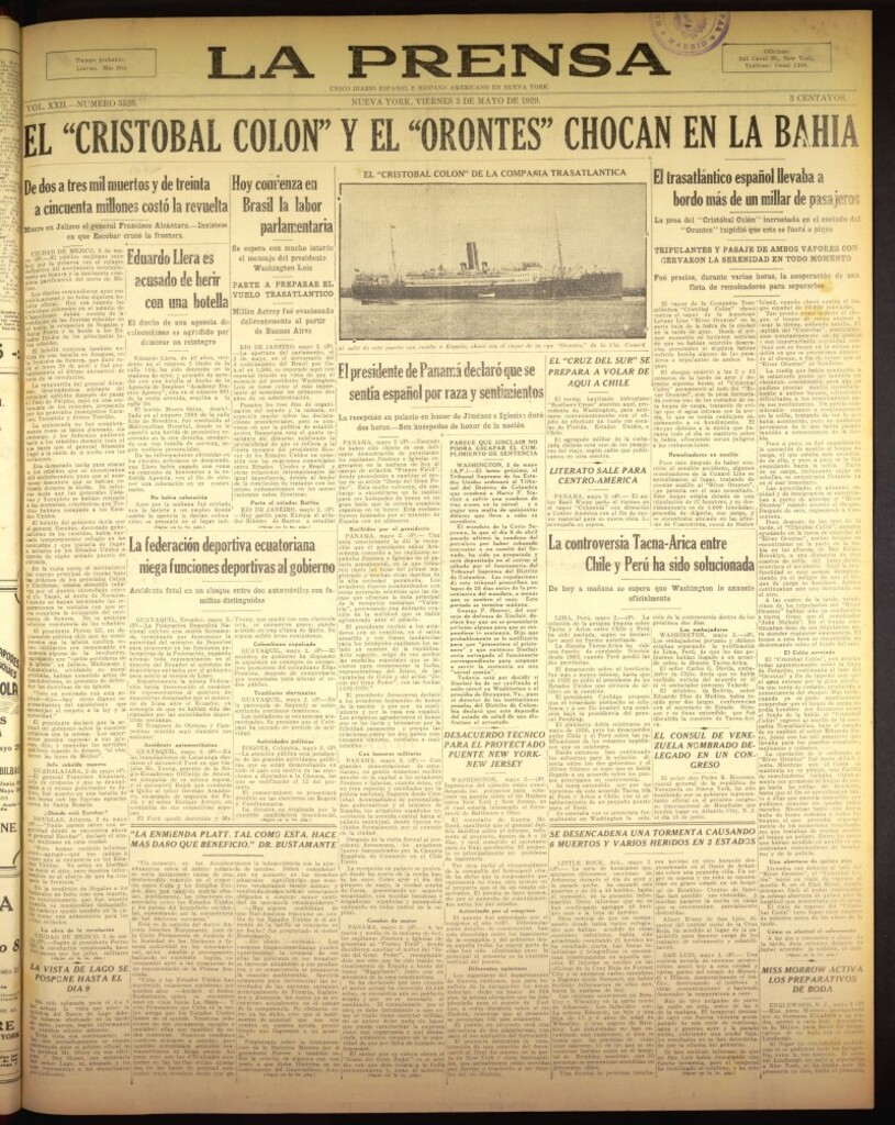 Miniatura de La Prensa: único diario español e hispano americano en Nueva York del 3 de mayo de 1929, nº 3526
