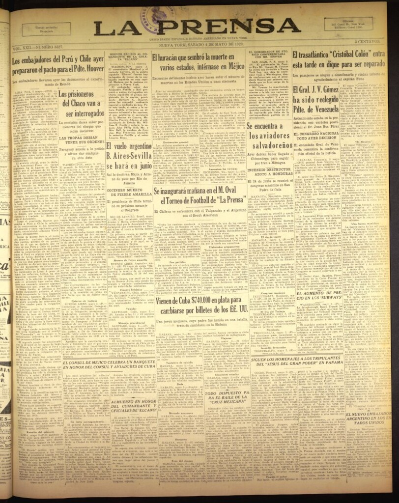 Miniatura de La Prensa: único diario español e hispano americano en Nueva York del 4 de mayo de 1929, nº 3527