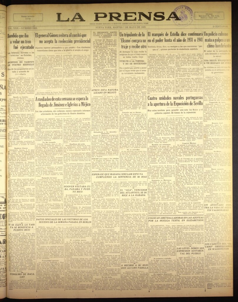 Miniatura de La Prensa: único diario español e hispano americano en Nueva York del 7 de mayo de 1929, nº 3529