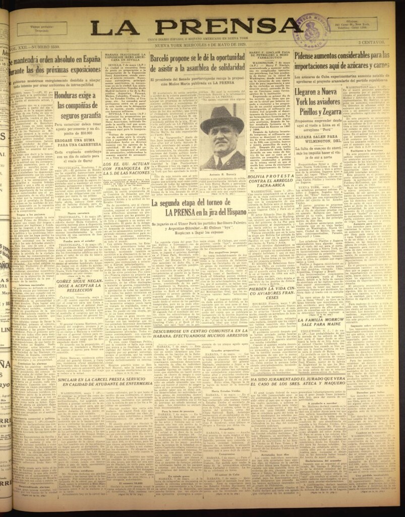 Miniatura de La Prensa: único diario español e hispano americano en Nueva York del 8 de mayo de 1929, nº 3530