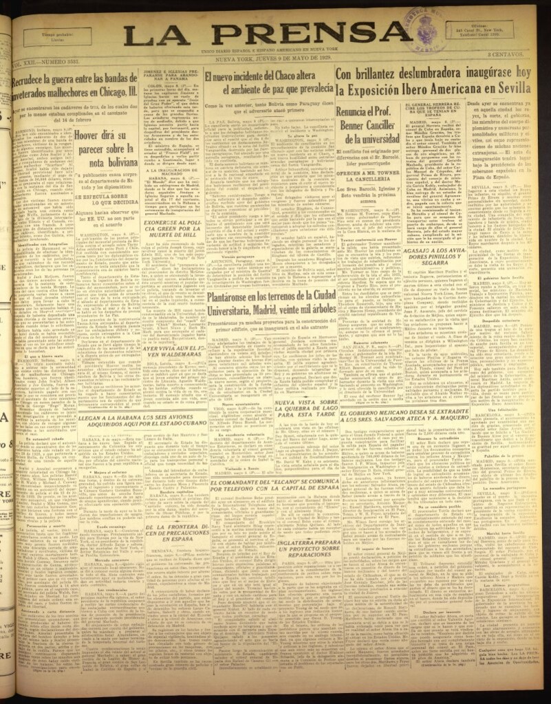 Miniatura de La Prensa: único diario español e hispano americano en Nueva York del 9 de mayo de 1929, nº 3531