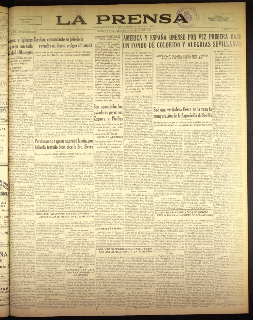 Miniatura de La Prensa: único diario español e hispano americano en Nueva York del 10 de mayo de 1929, nº 3532