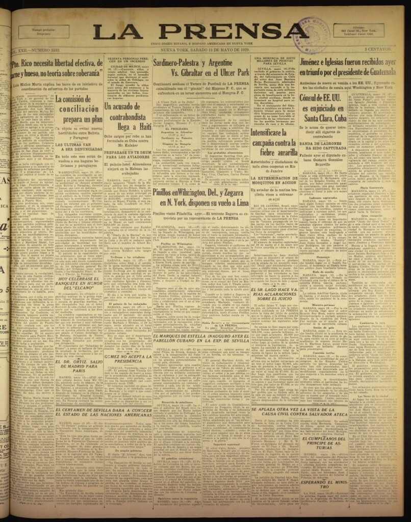 Miniatura de La Prensa: único diario español e hispano americano en Nueva York del 11 de mayo de 1929, nº 3533