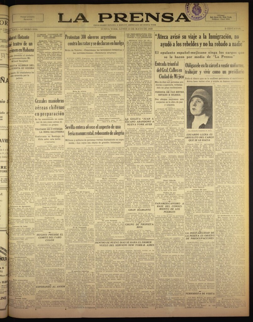Miniatura de La Prensa: único diario español e hispano americano en Nueva York del 13 de mayo de 1929, nº 3534