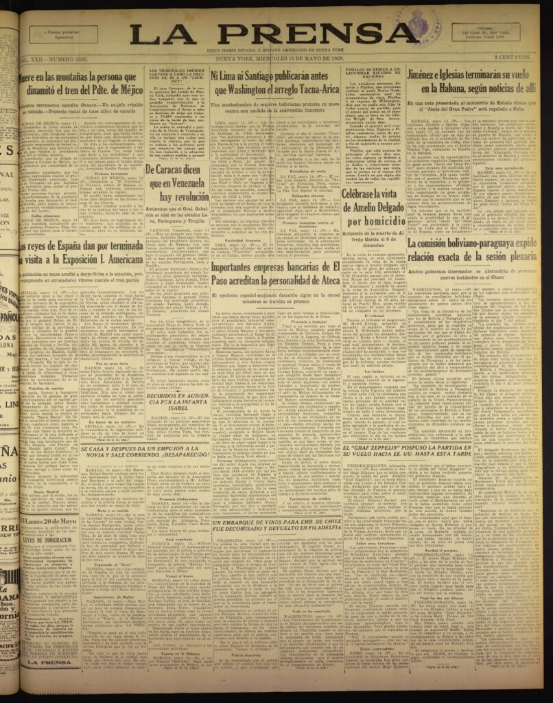 Miniatura de La Prensa: único diario español e hispano americano en Nueva York del 15 de mayo de 1929, nº 3536