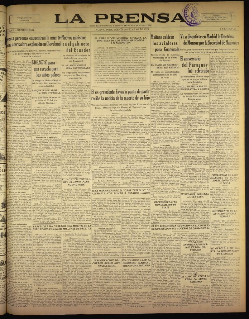 Miniatura de La Prensa: único diario español e hispano americano en Nueva York del 16 de mayo de 1929, nº 3537
