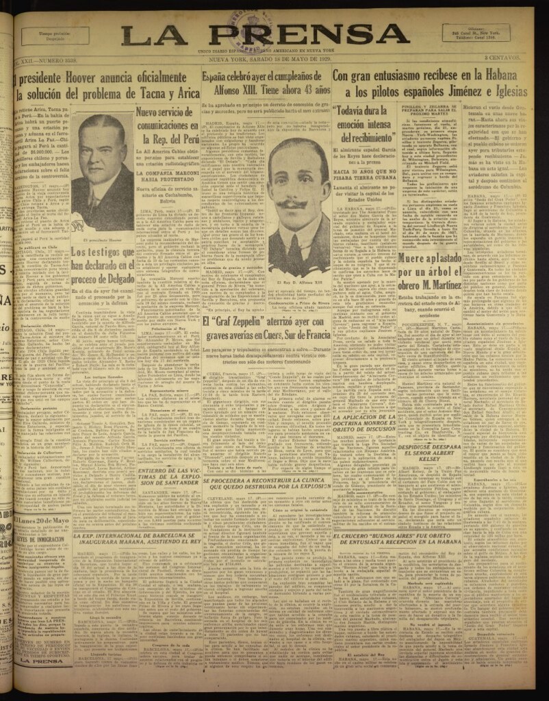 Miniatura de La Prensa: único diario español e hispano americano en Nueva York del 18 de mayo de 1929, nº 3539