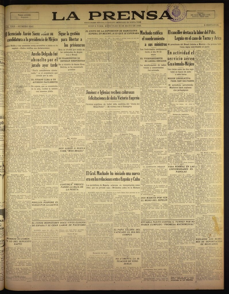 Miniatura de La Prensa: único diario español e hispano americano en Nueva York del 22 de mayo de 1929, nº 3542