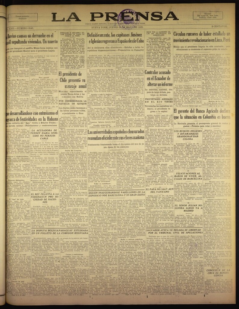 Miniatura de La Prensa: único diario español e hispano americano en Nueva York del 23 de mayo de 1929, nº 3543
