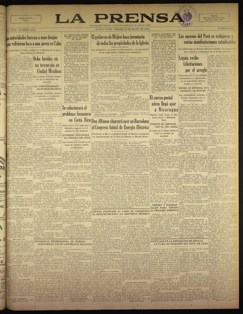 Miniatura de La Prensa: único diario español e hispano americano en Nueva York del 24 de mayo de 1929, nº 3544