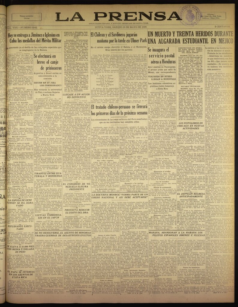 Miniatura de La Prensa: único diario español e hispano americano en Nueva York del 25 de mayo de 1929, nº 3545