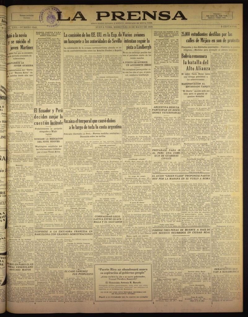 Miniatura de La Prensa: único diario español e hispano americano en Nueva York del 29 de mayo de 1929, nº 3548