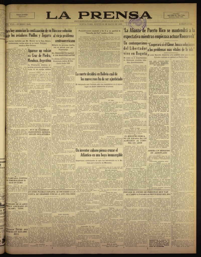 Miniatura de La Prensa: único diario español e hispano americano en Nueva York del 30 de mayo de 1929, nº 3549