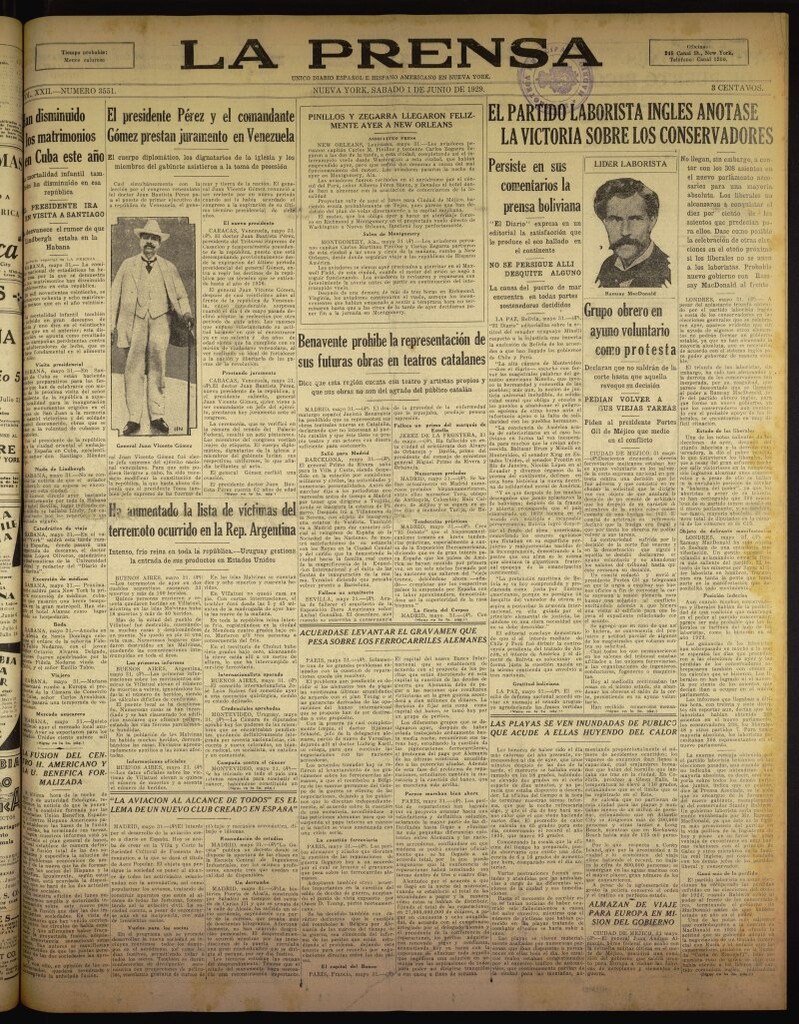 Miniatura de La Prensa: único diario español e hispano americano en Nueva York del 1 de junio de 1929, nº 3551