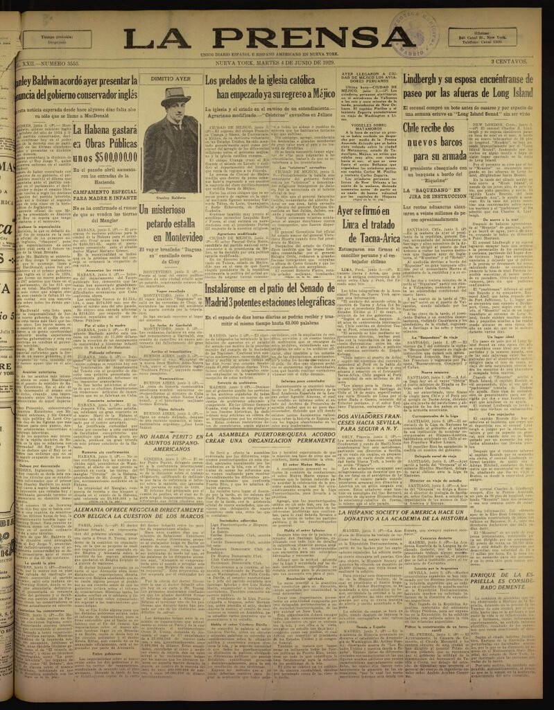 Miniatura de La Prensa: único diario español e hispano americano en Nueva York del 4 de junio de 1929, nº 3553