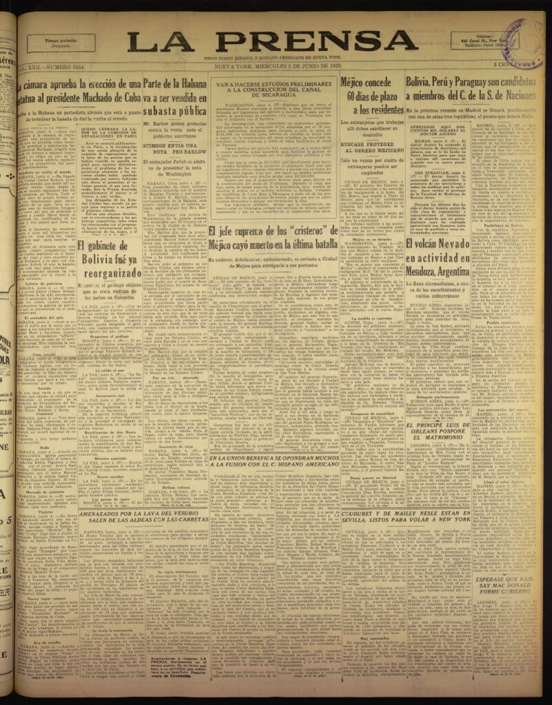 Miniatura de La Prensa: único diario español e hispano americano en Nueva York del 5 de junio de 1929, nº 3554