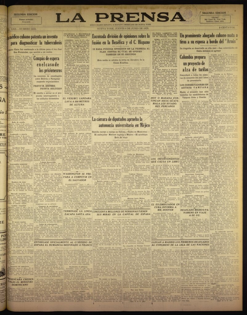 Miniatura de La Prensa: único diario español e hispano americano en Nueva York del 6 de junio de 1929, nº 3555