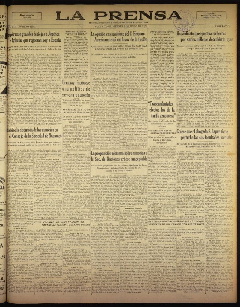 Miniatura de La Prensa: único diario español e hispano americano en Nueva York del 7 de junio de 1929, nº 3556