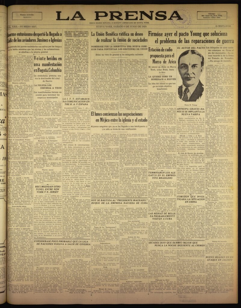 Miniatura de La Prensa: único diario español e hispano americano en Nueva York del 8 de junio de 1929, nº 3557