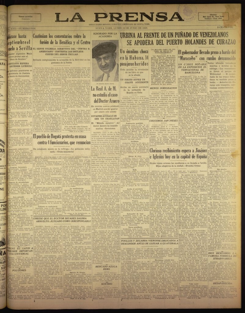 Miniatura de La Prensa: único diario español e hispano americano en Nueva York del 10 de junio de 1929, nº 3558