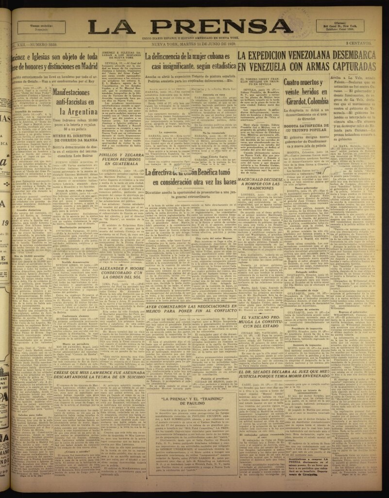 Miniatura de La Prensa: único diario español e hispano americano en Nueva York del 11 de junio de 1929, nº 3559