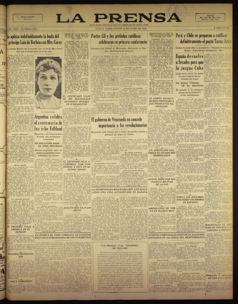 Miniatura de La Prensa: único diario español e hispano americano en Nueva York del 13 de junio de 1929, nº 3561