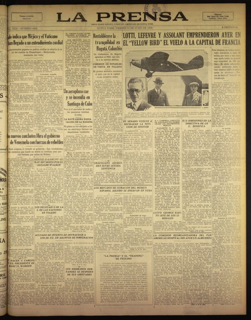 Miniatura de La Prensa: único diario español e hispano americano en Nueva York del 14 de junio de 1929, nº 3562