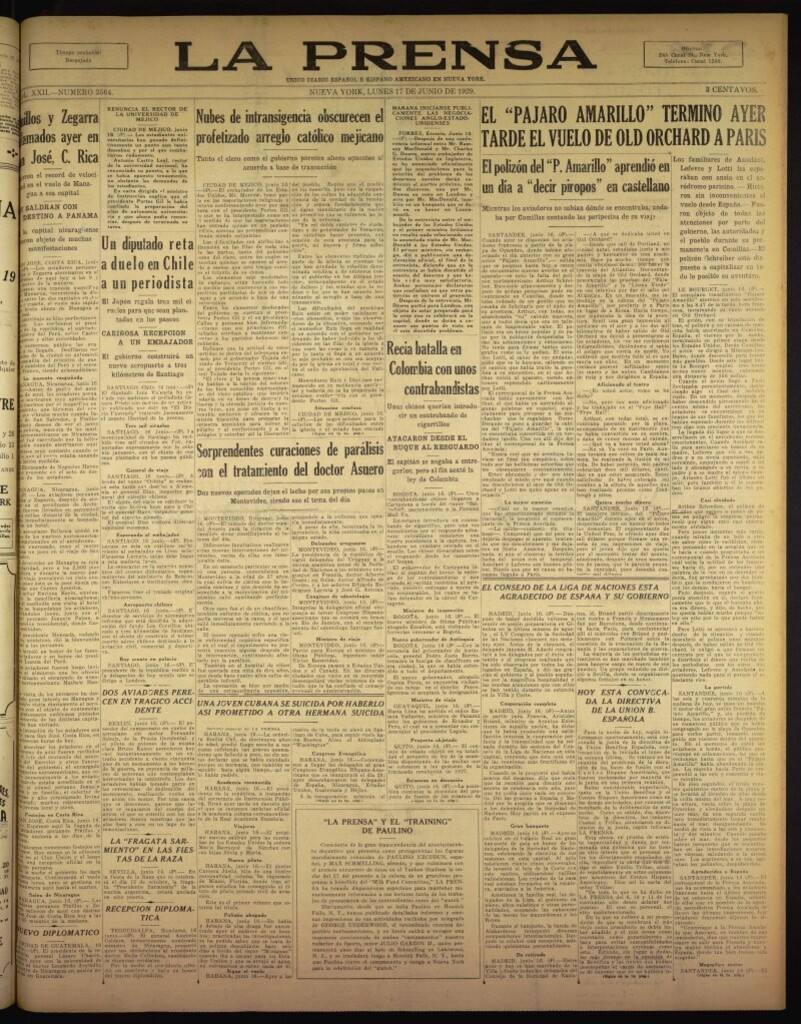 Miniatura de La Prensa: único diario español e hispano americano en Nueva York del 17 de junio de 1929, nº 3564