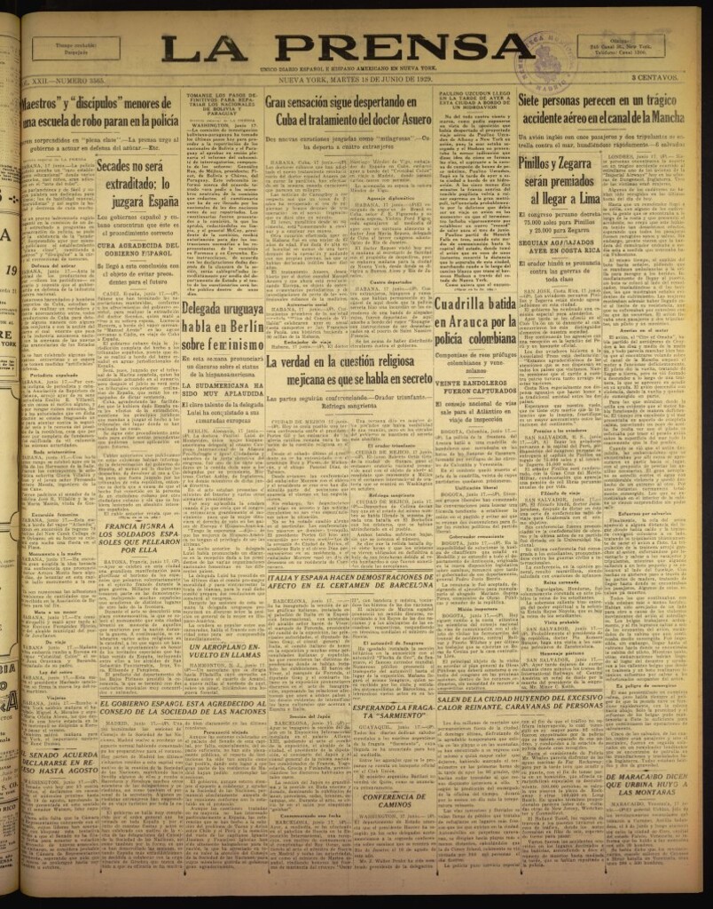 Miniatura de La Prensa: único diario español e hispano americano en Nueva York del 18 de junio de 1929, nº 3565