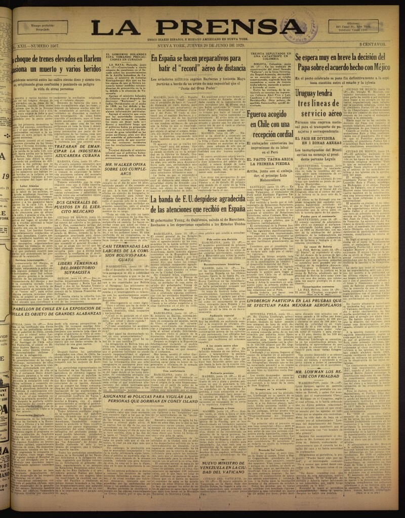 Miniatura de La Prensa: único diario español e hispano americano en Nueva York del 20 de junio de 1929, nº 3567