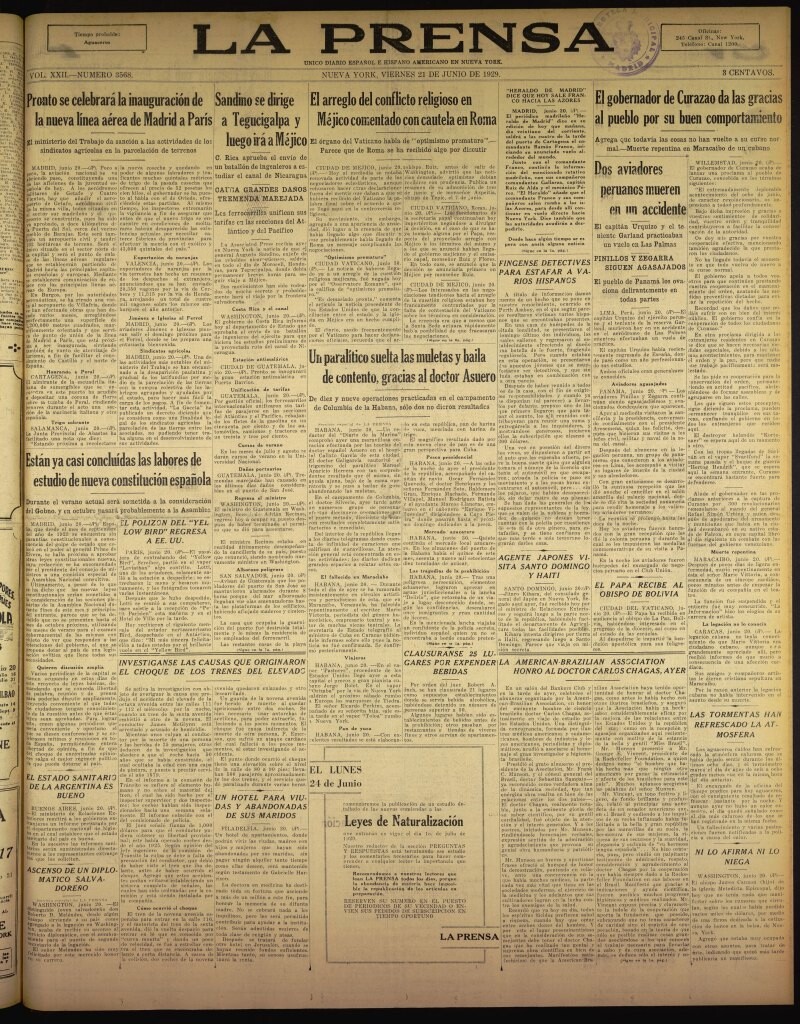 Miniatura de La Prensa: único diario español e hispano americano en Nueva York del 21 de junio de 1929, nº 3568