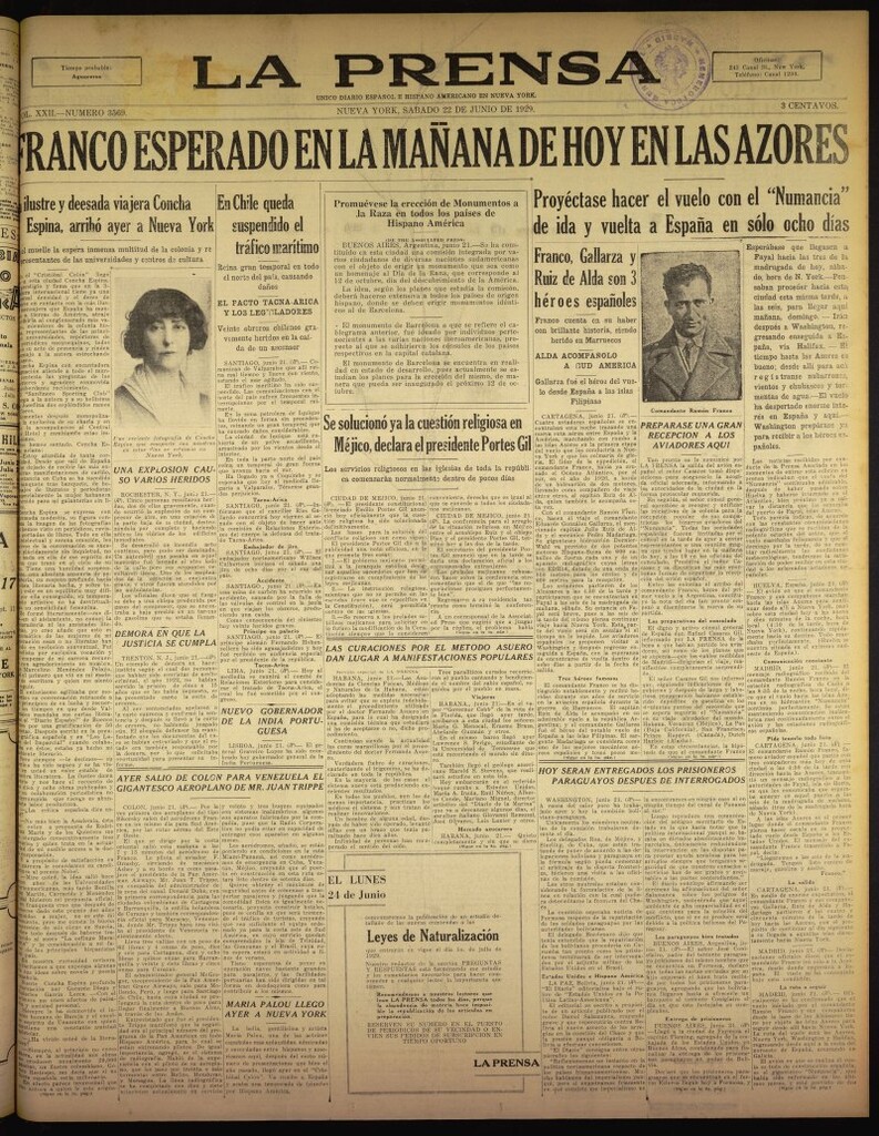 Miniatura de La Prensa: único diario español e hispano americano en Nueva York del 22 de junio de 1929, nº 3569