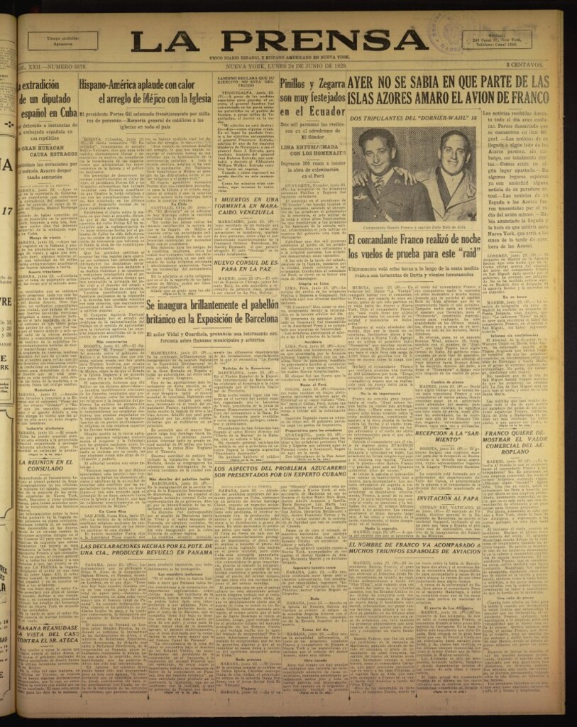 Miniatura de La Prensa: único diario español e hispano americano en Nueva York del 24 de junio de 1929, nº 3570