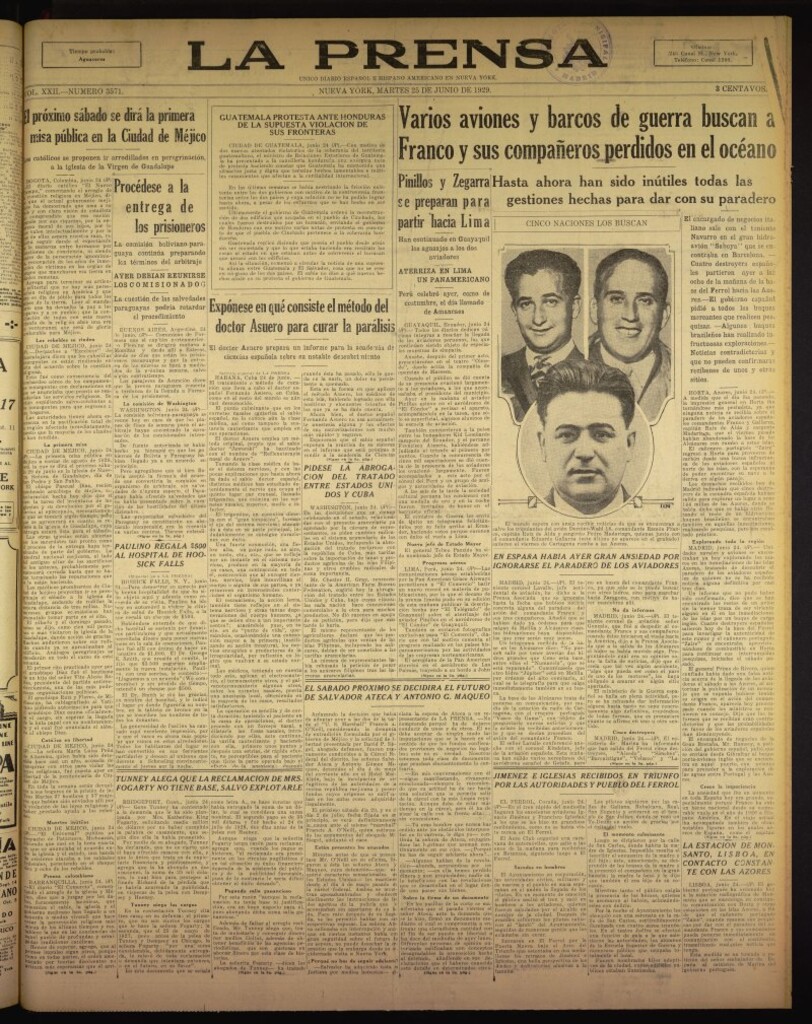 Miniatura de La Prensa: único diario español e hispano americano en Nueva York del 25 de junio de 1929, nº 3571