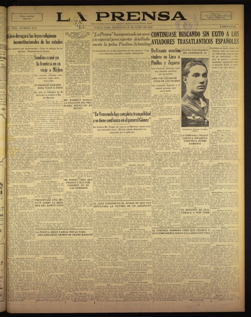 Miniatura de La Prensa: único diario español e hispano americano en Nueva York del 26 de junio de 1929, nº 3572