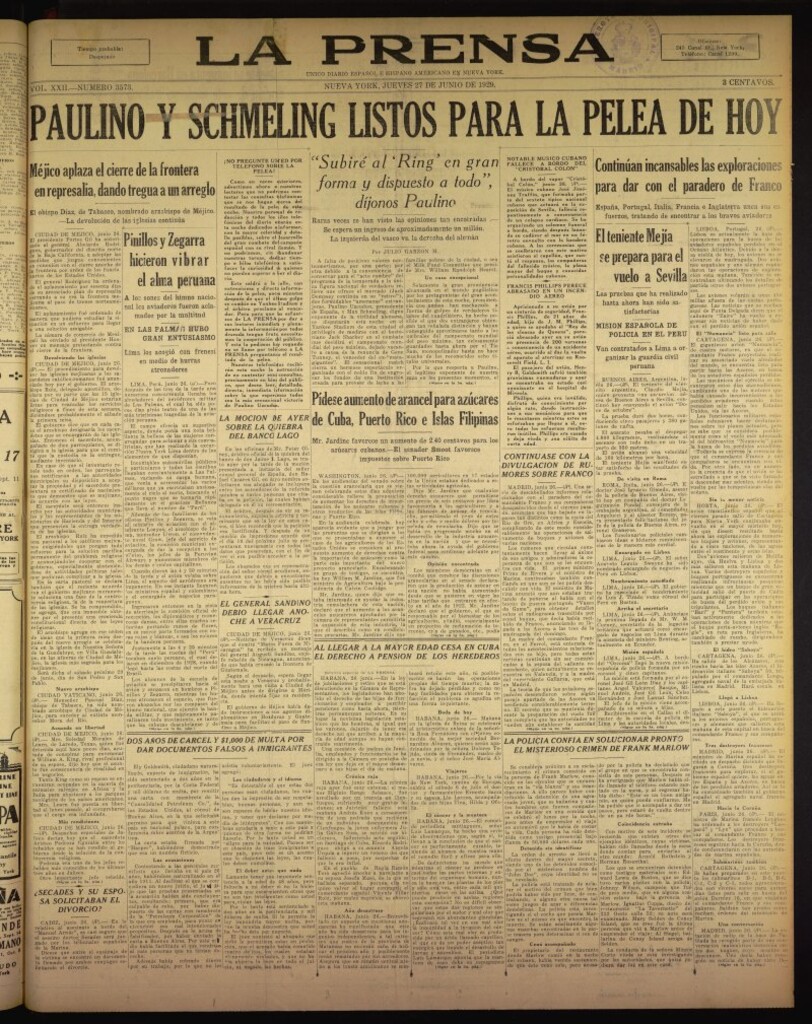 Miniatura de La Prensa: único diario español e hispano americano en Nueva York del 27 de junio de 1929, nº 3573