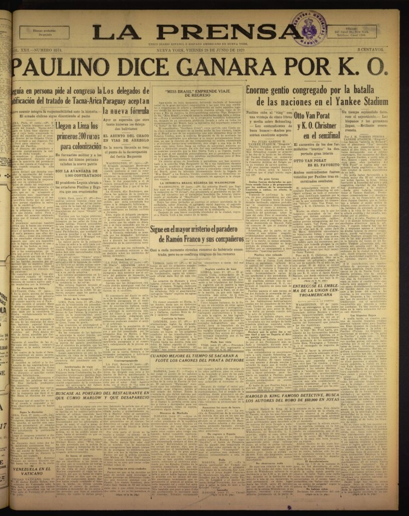 Miniatura de La Prensa: único diario español e hispano americano en Nueva York del 28 de junio de 1929, nº 3574